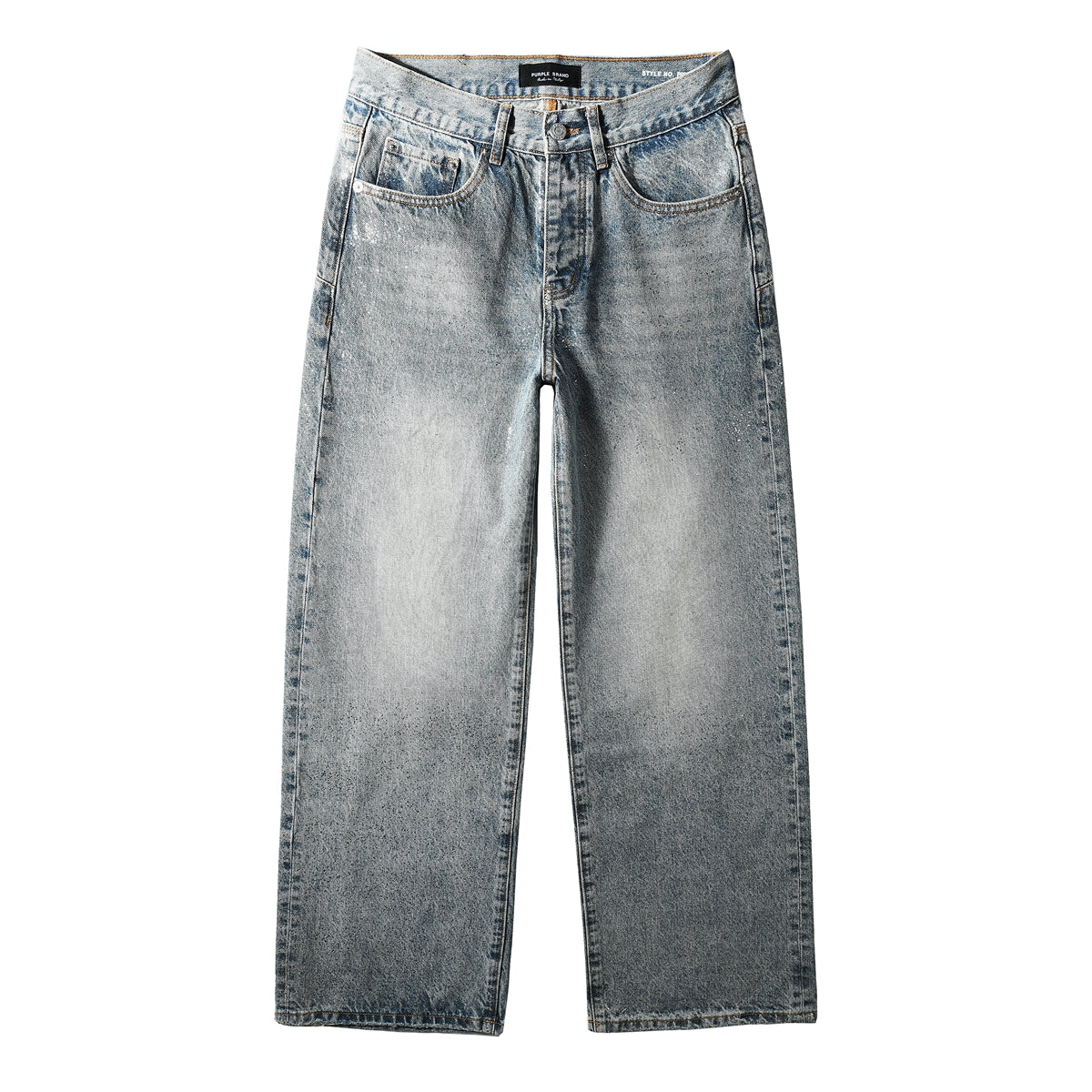 Vaqueros holgados de lavado claro para hombre con efecto descolorido y salpicaduras de pintura blanca clara. Diseño 101