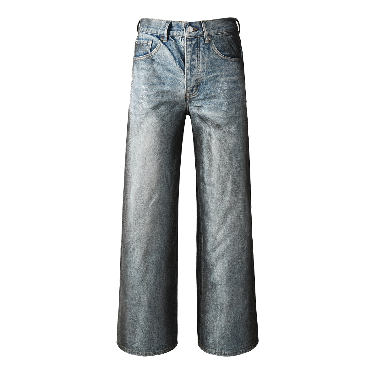 Vaqueros de pierna ancha azul claro para hombre con efecto de piel de cocodrilo sintética y lavado vintage. Estilo urbano 102.
