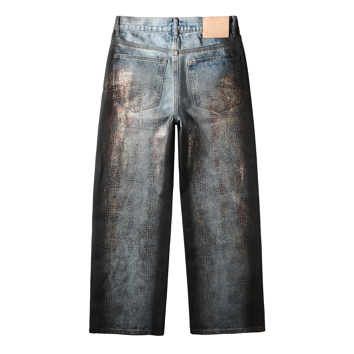 Vaqueros de pierna ancha azul claro para hombre con efecto de piel de cocodrilo sintética y lavado vintage. Estilo urbano 102.