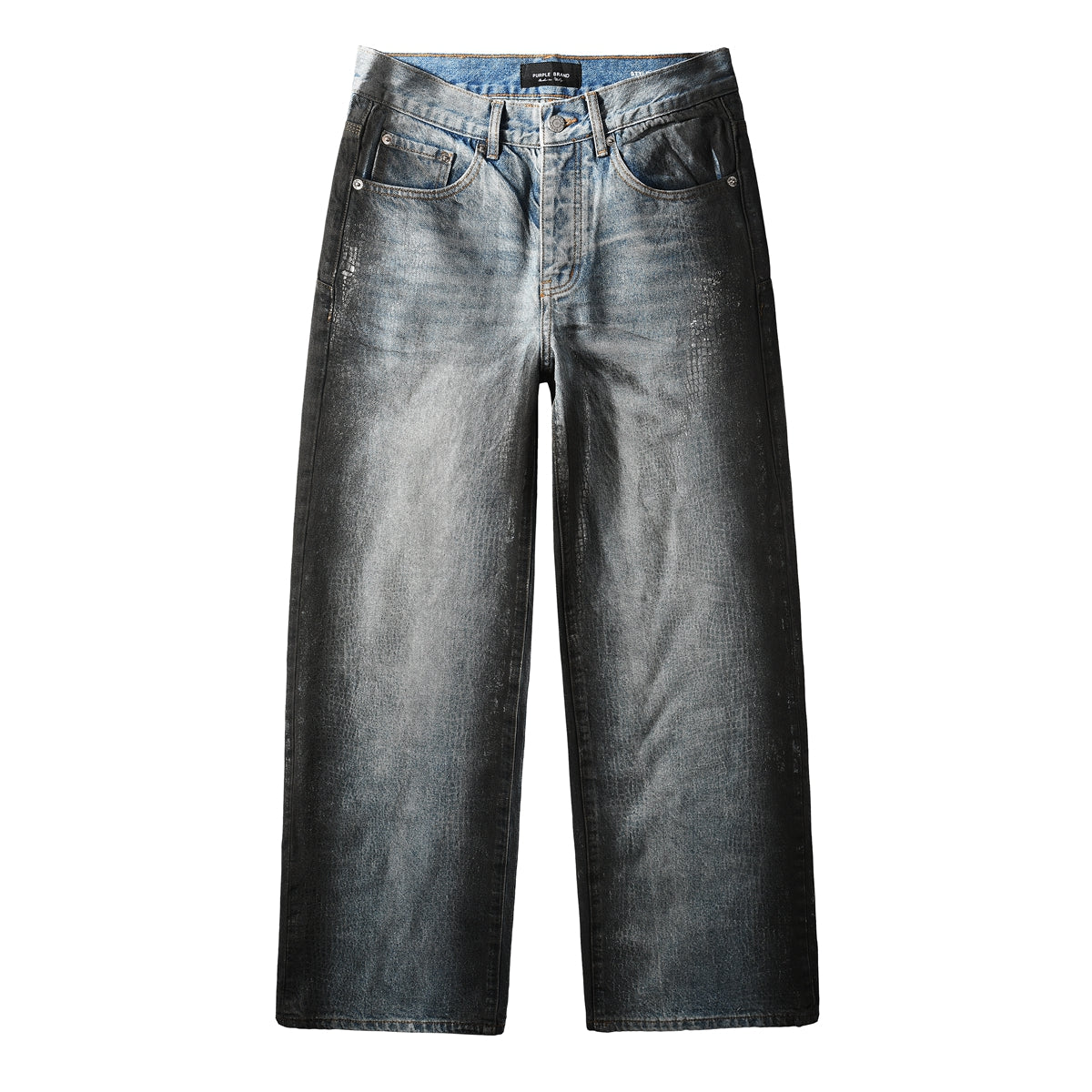 Vaqueros de pierna ancha azul claro para hombre con efecto de piel de cocodrilo sintética y lavado vintage. Estilo urbano 102.