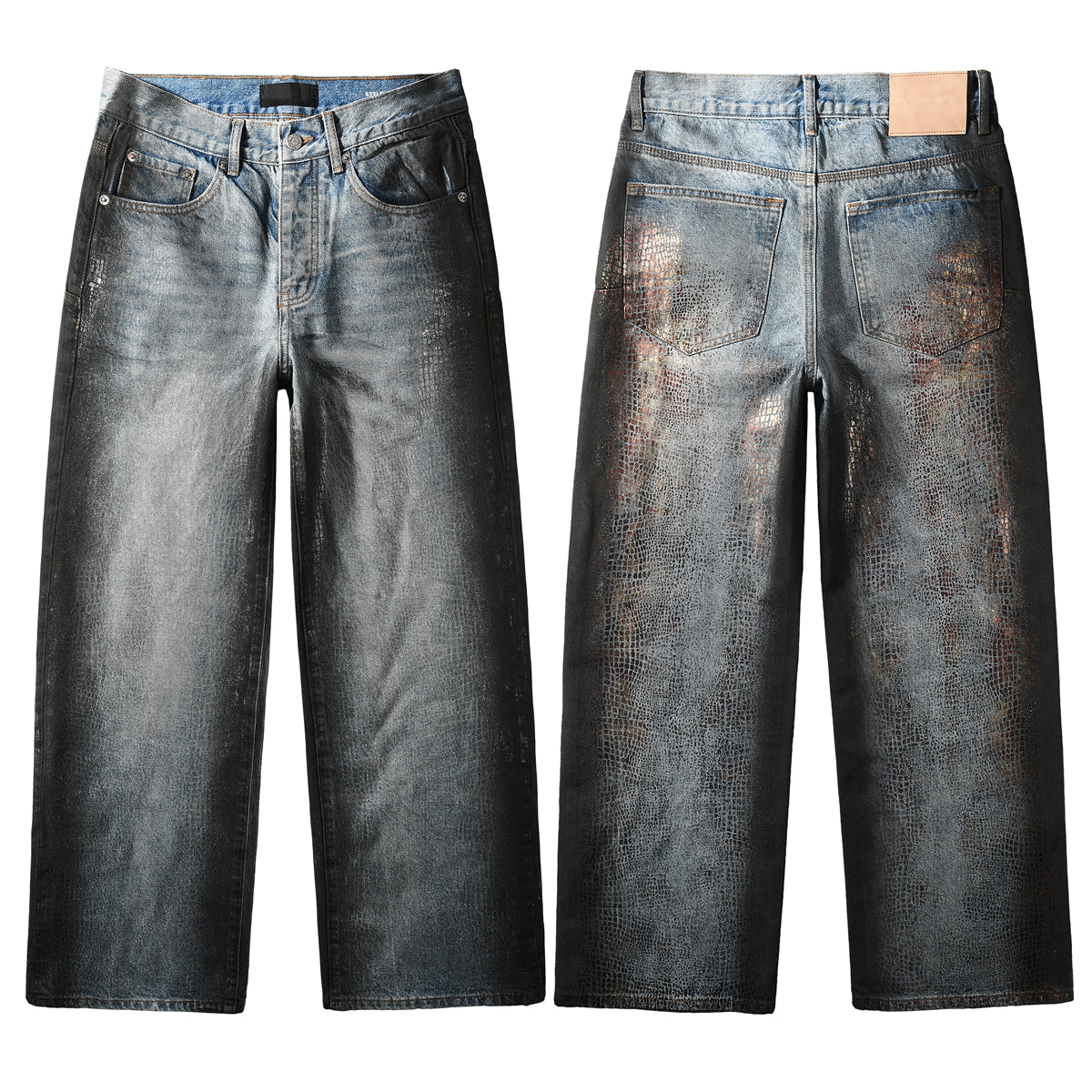 Vaqueros de pierna ancha azul claro para hombre con efecto de piel de cocodrilo sintética y lavado vintage. Estilo urbano 102.