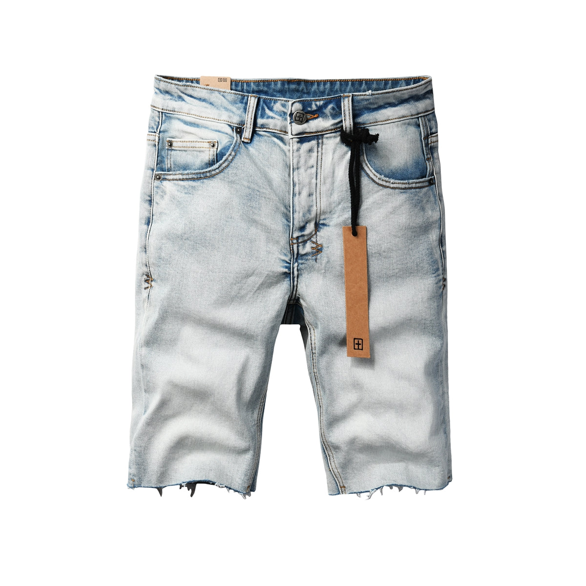Pantalones cortos vaqueros de estilo urbano para hombre, lavados en azul claro con dobladillo sin rematar y parche gráfico en el bolsillo trasero, 2001