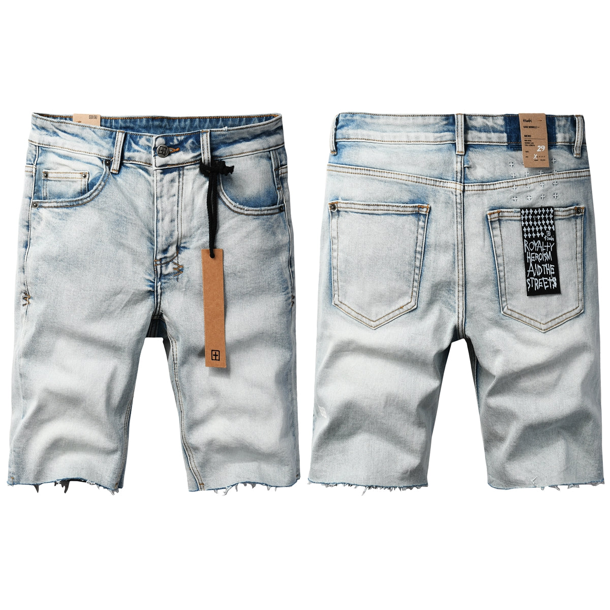 Pantalones cortos vaqueros de estilo urbano para hombre, lavados en azul claro con dobladillo sin rematar y parche gráfico en el bolsillo trasero, 2001