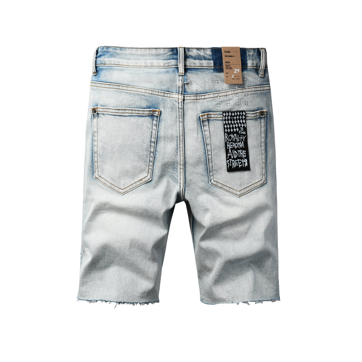 Pantalones cortos vaqueros de estilo urbano para hombre, lavados en azul claro con dobladillo sin rematar y parche gráfico en el bolsillo trasero, 2001