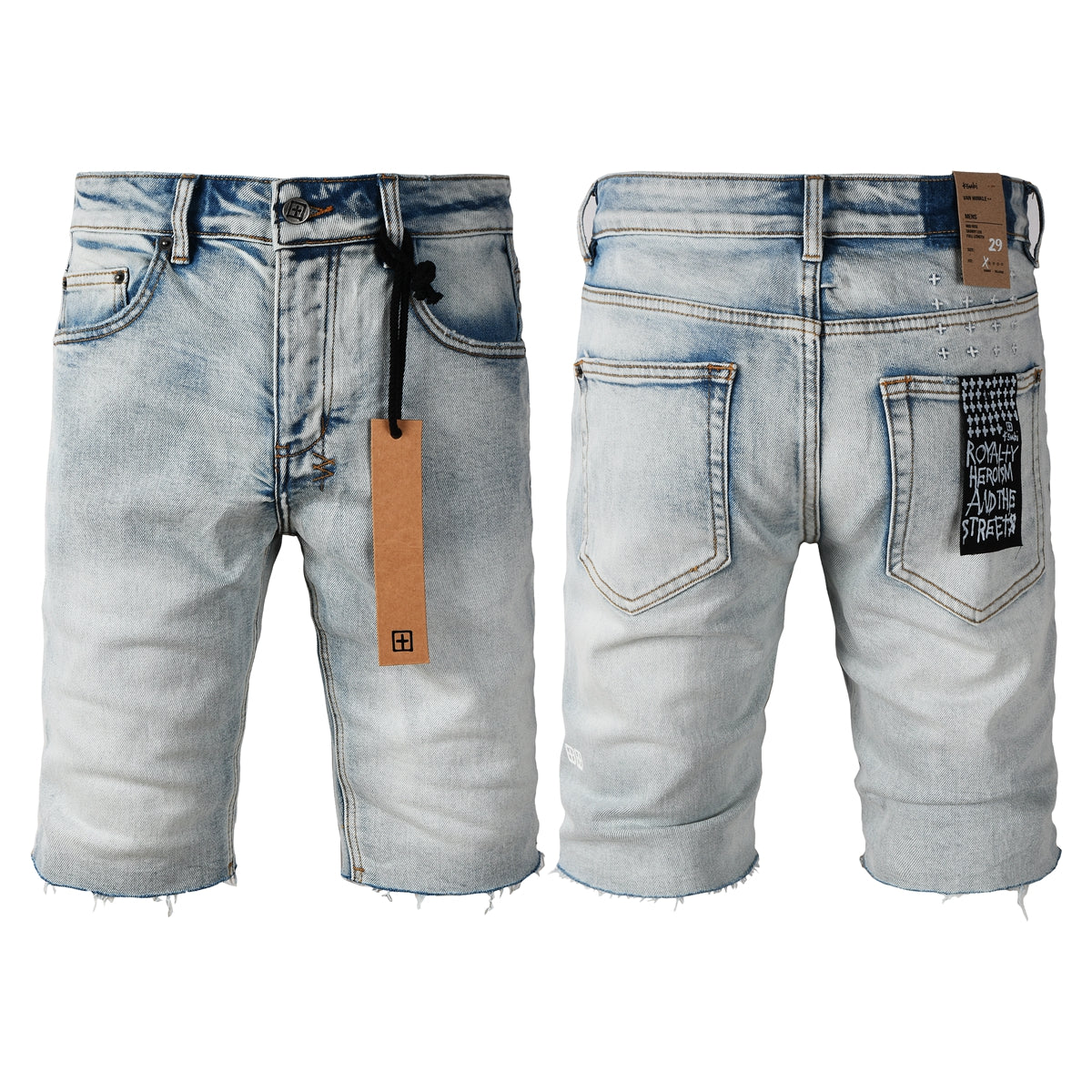 Pantalones cortos vaqueros de estilo urbano para hombre, lavados en azul claro con dobladillo sin rematar y parche gráfico en el bolsillo trasero, 2001