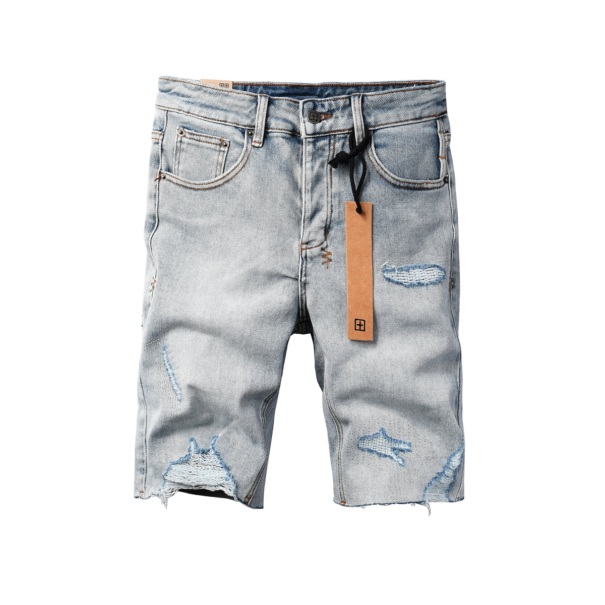 Shorts vaqueros vintage de lavado claro con rotos, dobladillo sin rematar y detalles desgastados para hombre, 2003