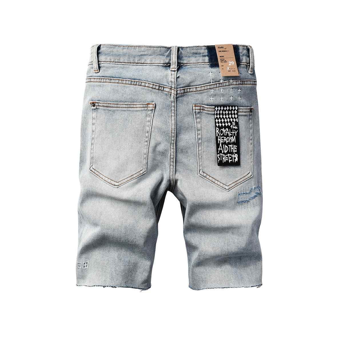 Shorts vaqueros vintage de lavado claro con rotos, dobladillo sin rematar y detalles desgastados para hombre, 2003
