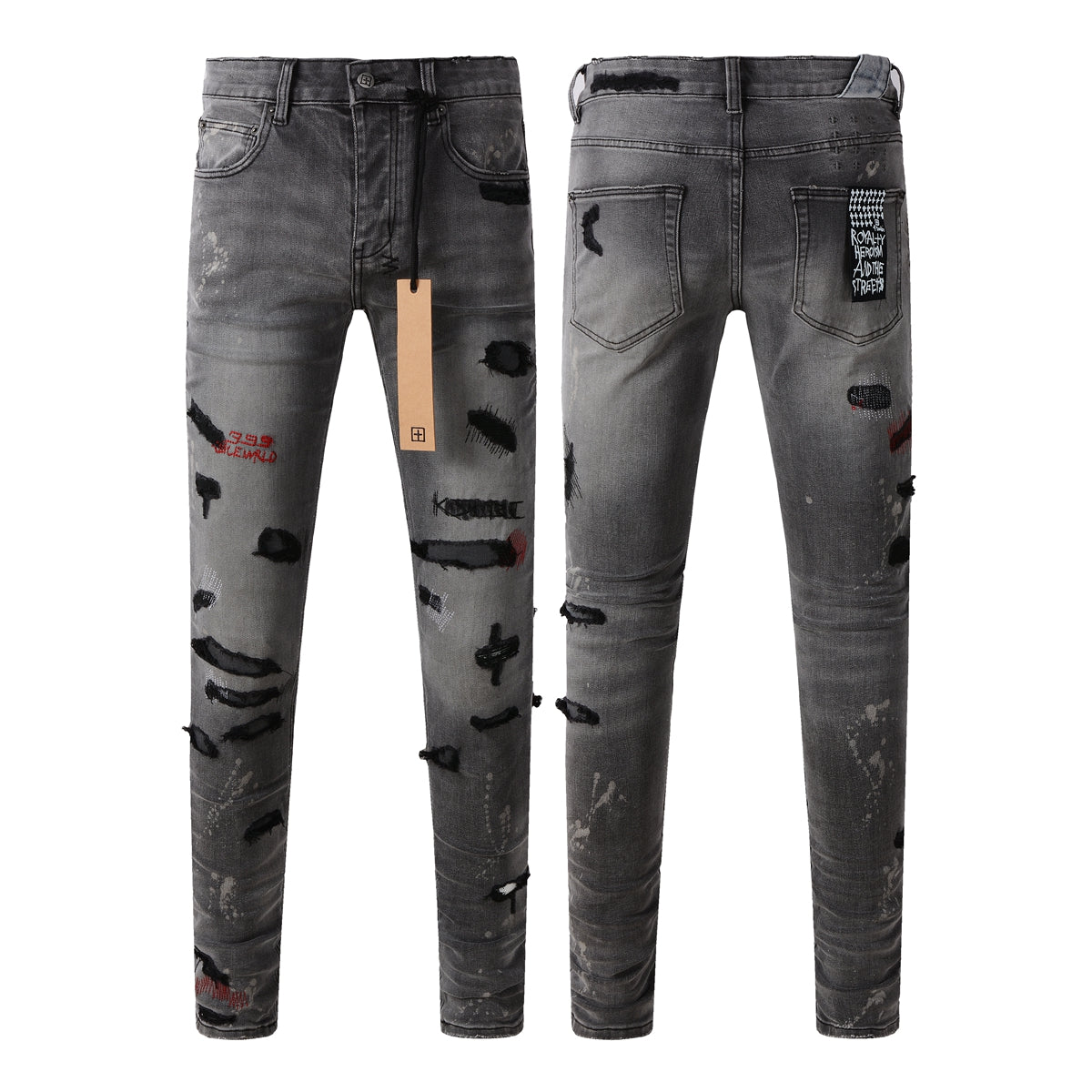 Jean skinny gris décontracté avec effet vieilli audacieux 3014