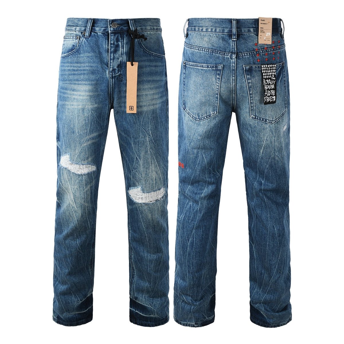 Vaqueros de calle para hombre, lavados en azul vintage con detalles de reparación en las rodillas y parche gráfico en el bolsillo trasero 3039