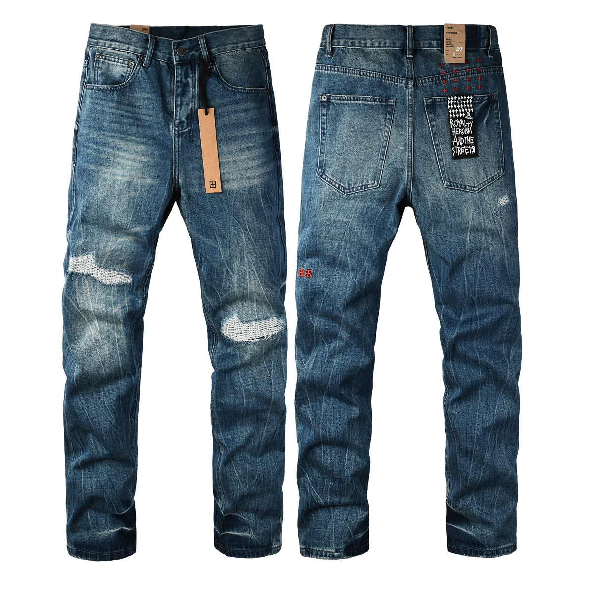 Vaqueros de calle para hombre, lavados en azul vintage con detalles de reparación en las rodillas y parche gráfico en el bolsillo trasero 3039