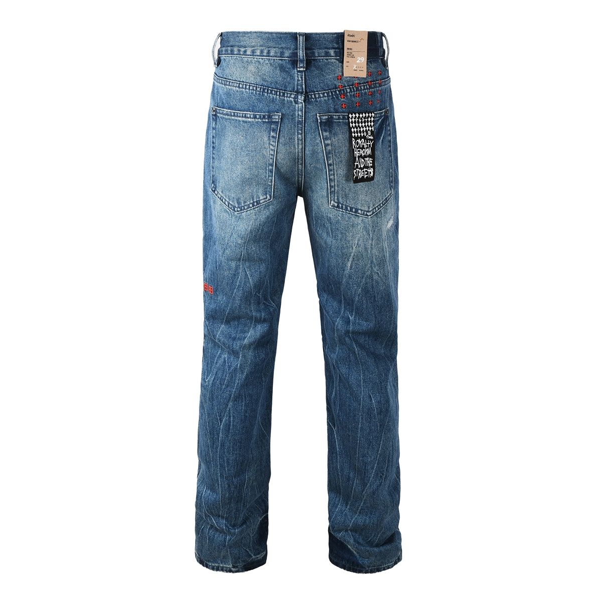 Vaqueros de calle para hombre, lavados en azul vintage con detalles de reparación en las rodillas y parche gráfico en el bolsillo trasero 3039