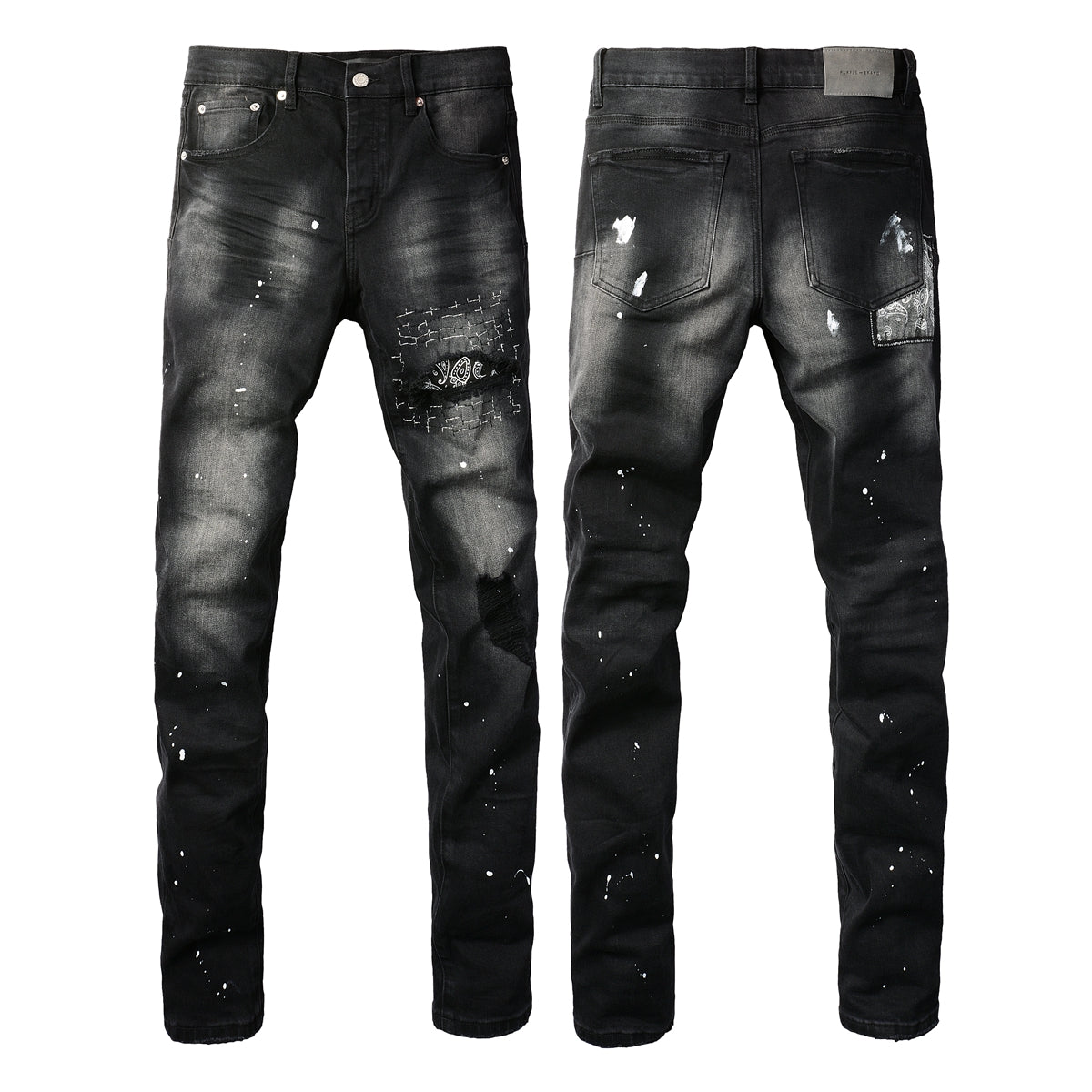Vaqueros desgastados para hombre, ajustados, con parches de pintura negra y rotos, 9099
