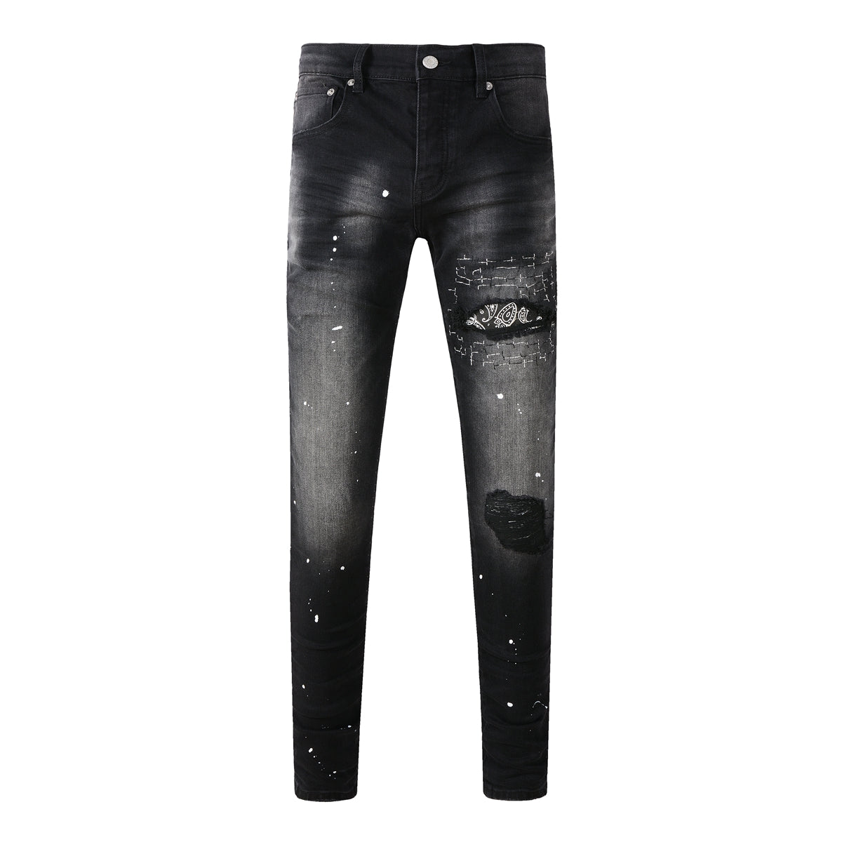 Vaqueros desgastados para hombre, ajustados, con parches de pintura negra y rotos, 9099