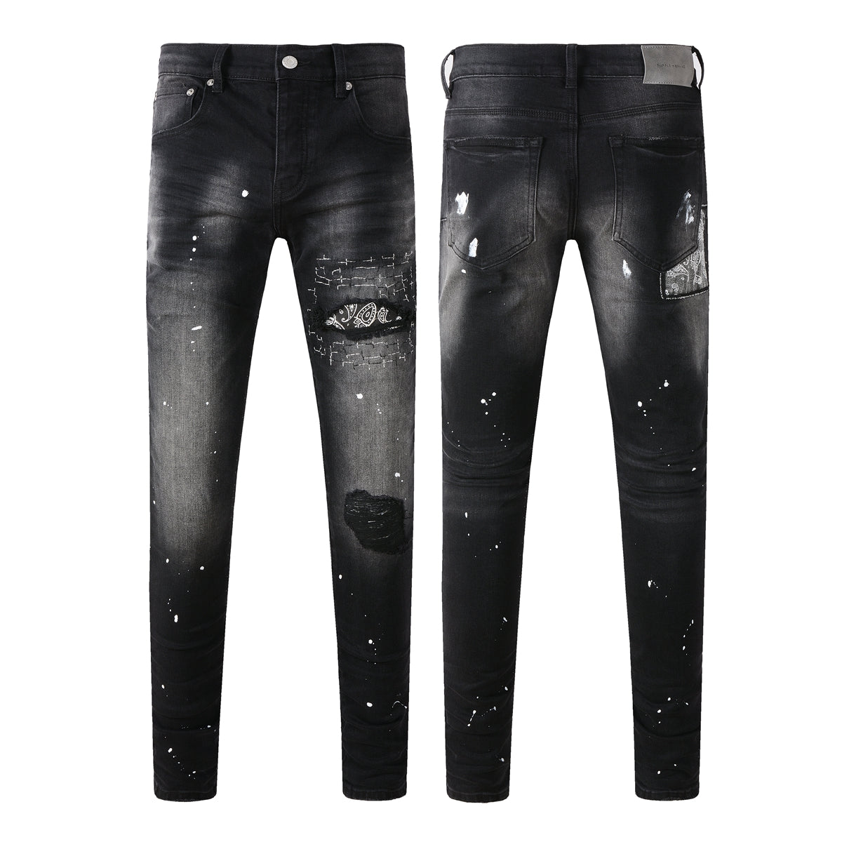 Vaqueros desgastados para hombre, ajustados, con parches de pintura negra y rotos, 9099