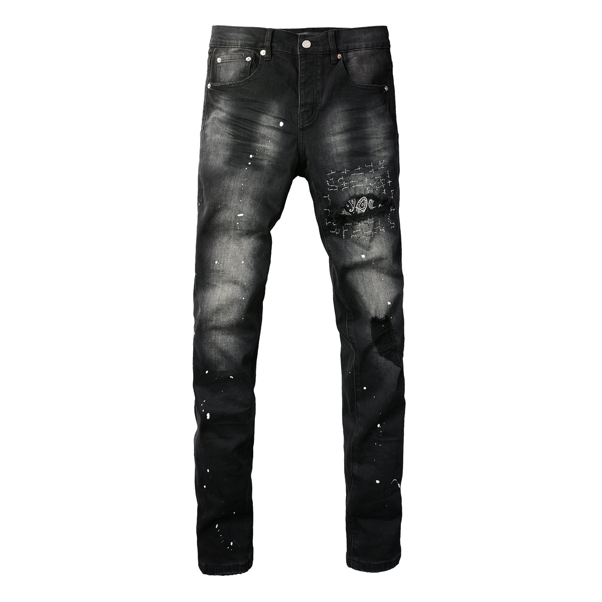 Vaqueros desgastados para hombre, ajustados, con parches de pintura negra y rotos, 9099