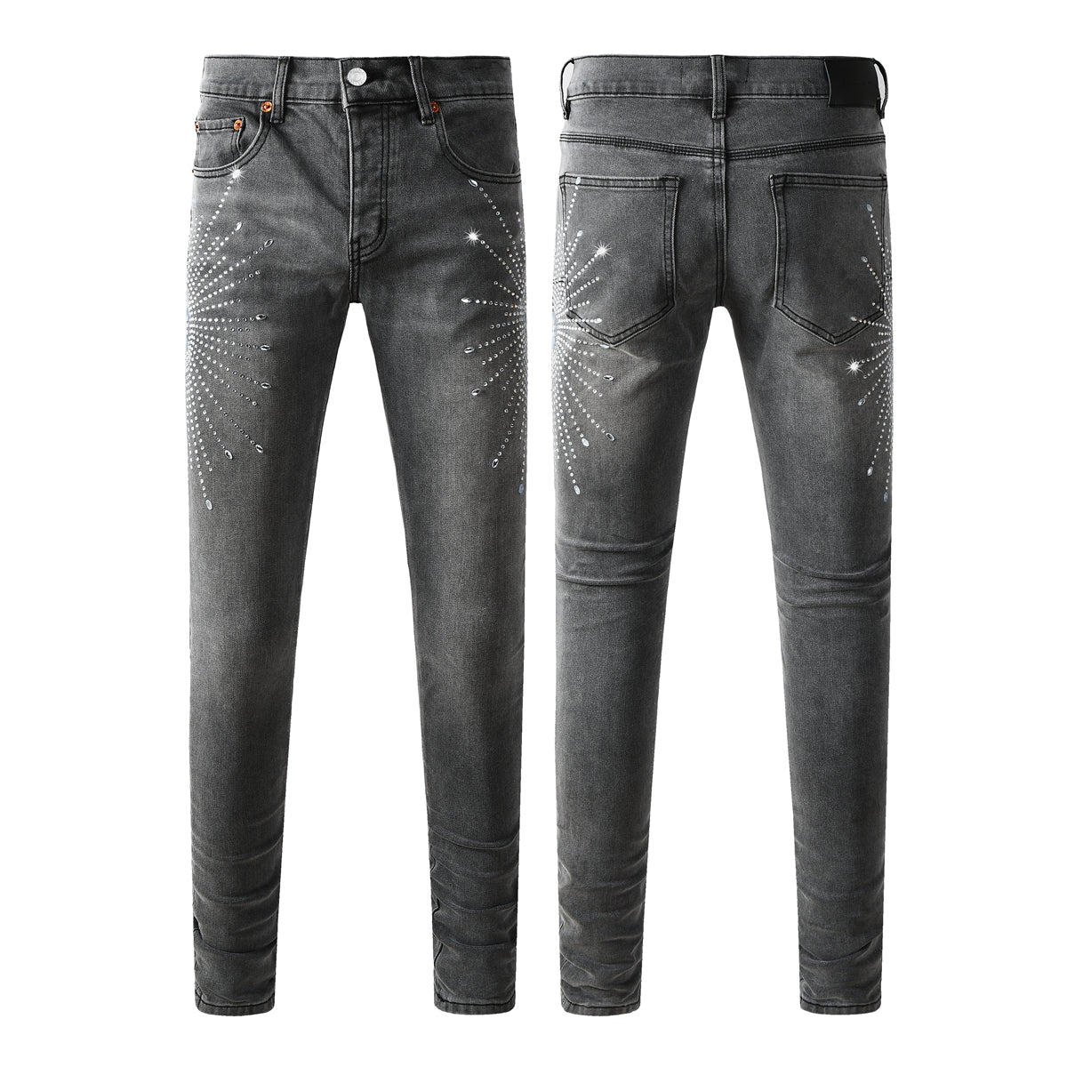 Vaqueros grises ajustados y modernos para hombre con estampado de estrellas de diamantes de imitación brillantes en la parte delantera y trasera 9123