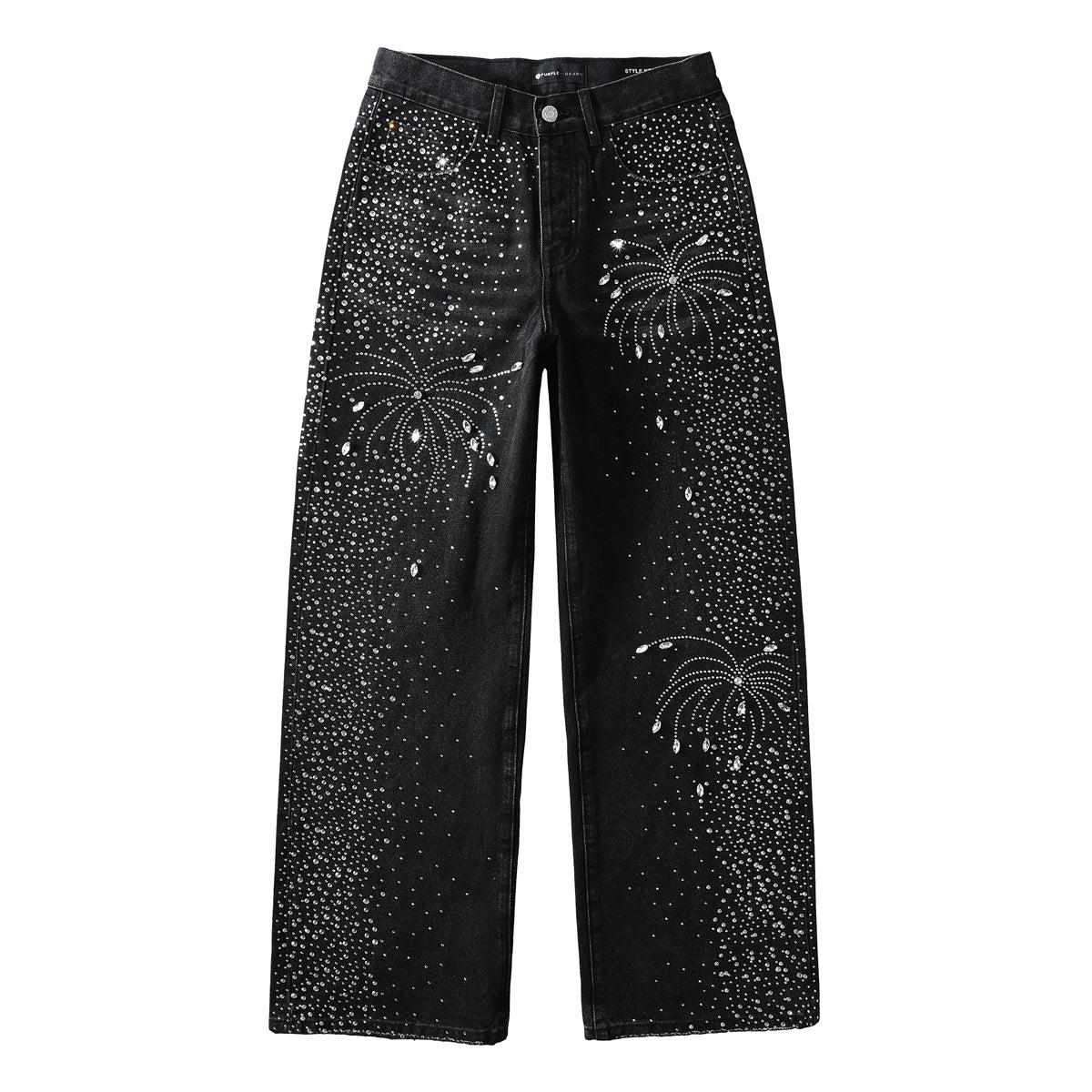 Vaqueros negros de diseño para hombre, de pierna recta, con un deslumbrante look inspirado en el cielo nocturno de los fuegos artificiales de cristal 9125
