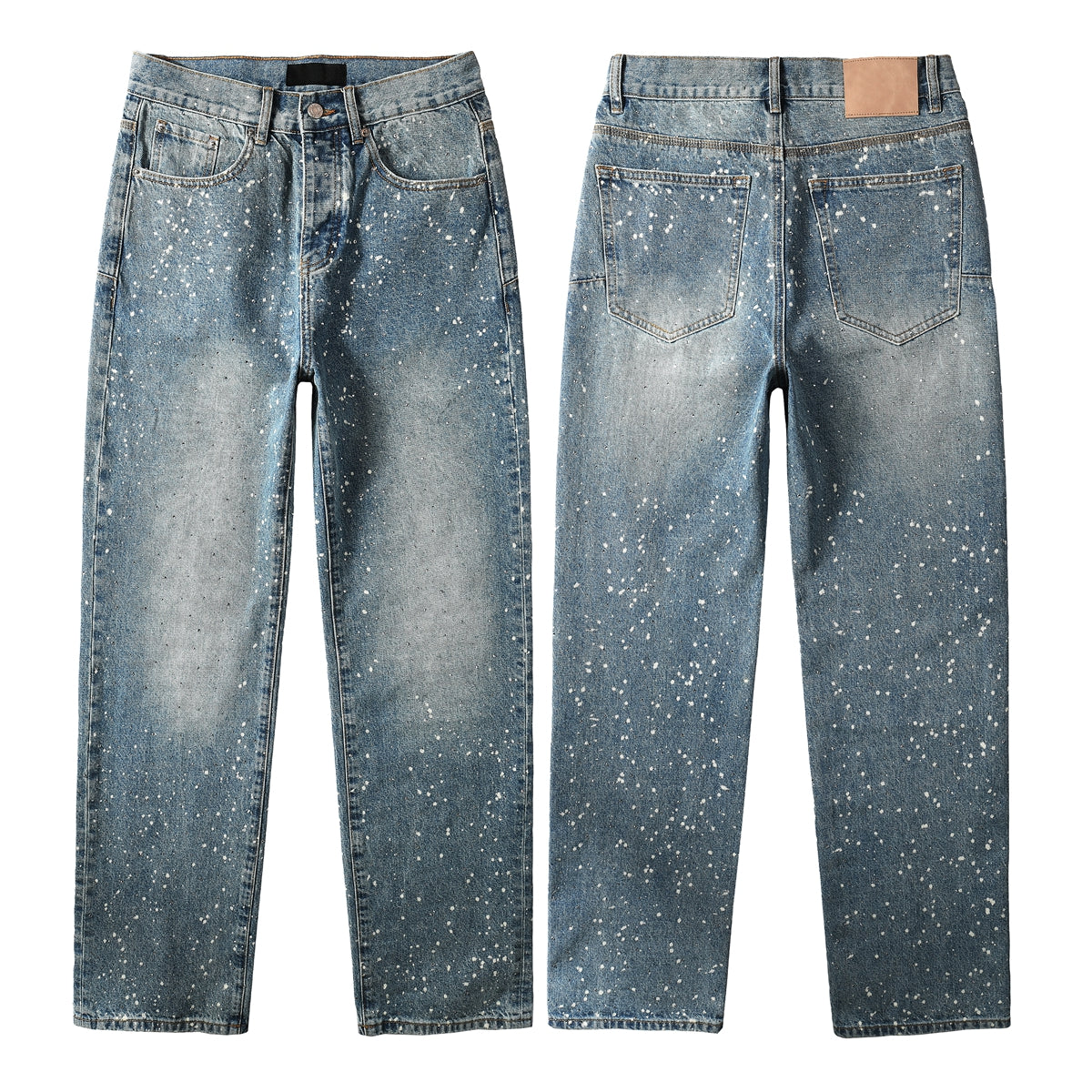 Vaqueros rectos azules para hombre con diseño de salpicaduras de pintura, estilo informal vintage lavado, estilo urbano, 9126
