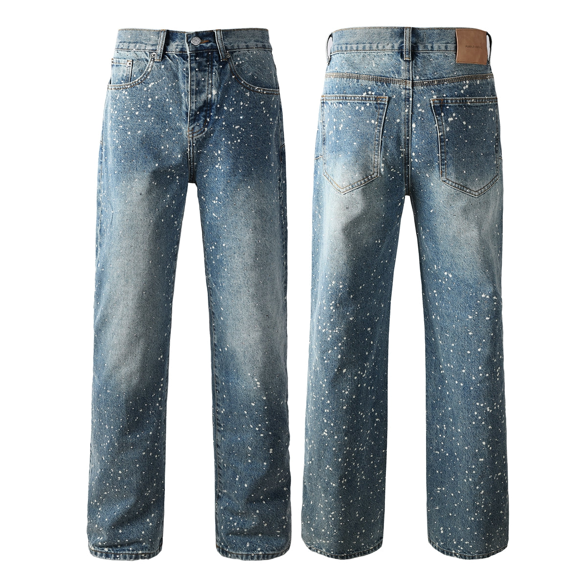 Vaqueros rectos azules para hombre con diseño de salpicaduras de pintura, estilo informal vintage lavado, estilo urbano, 9126