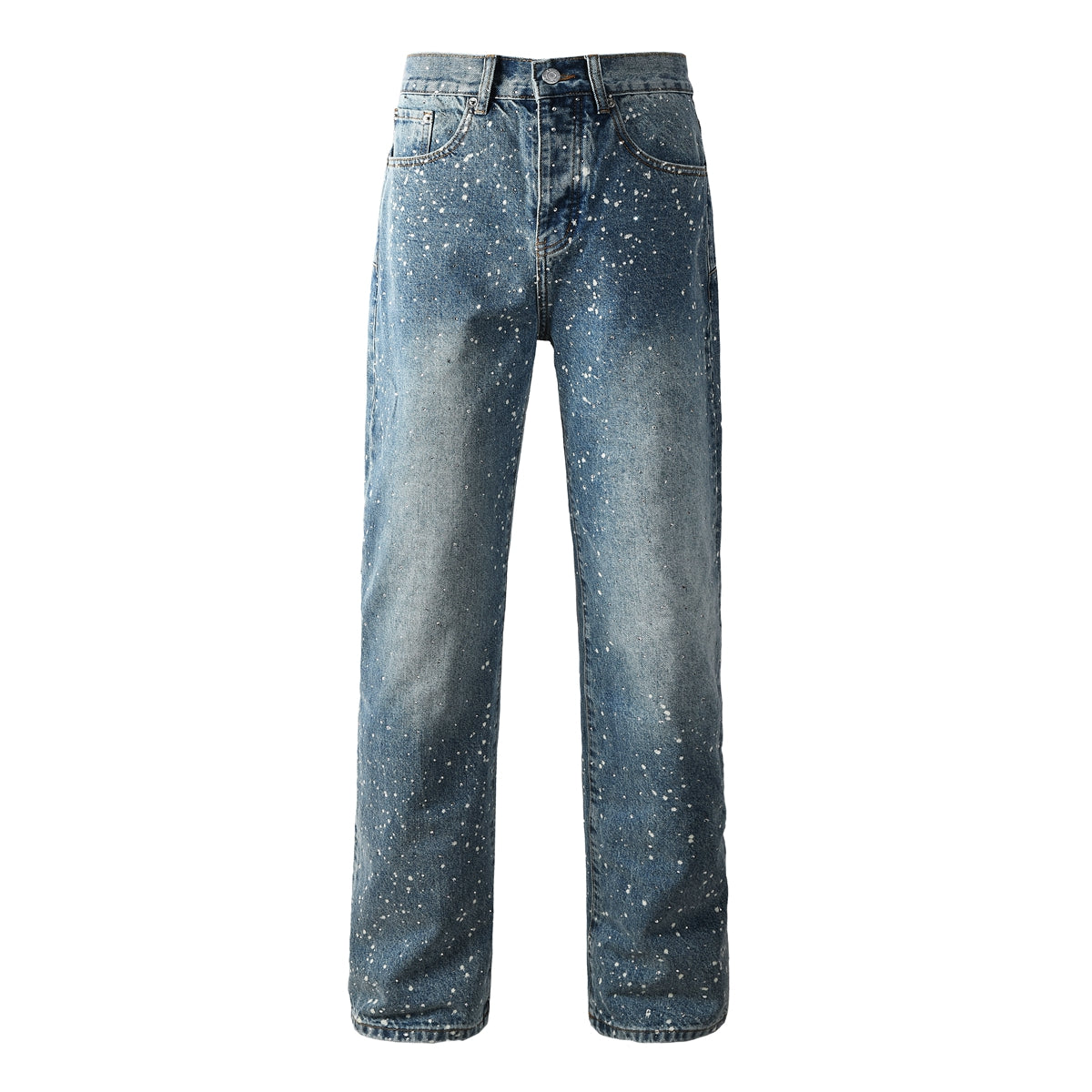 Vaqueros rectos azules para hombre con diseño de salpicaduras de pintura, estilo informal vintage lavado, estilo urbano, 9126