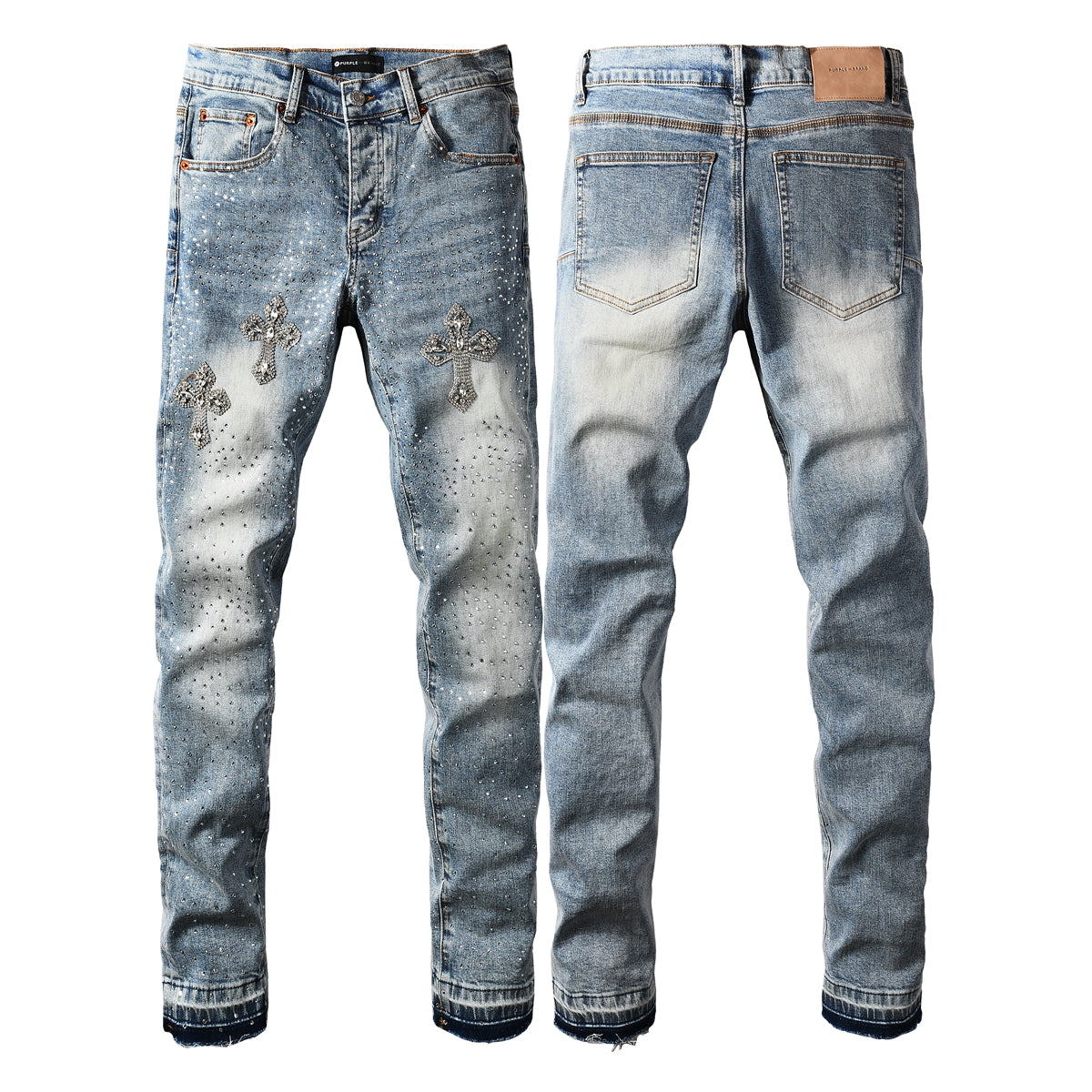 Vaqueros ajustados azul claro para hombre con diseño de cruz de cristal y adorno de diamantes de imitación 9132