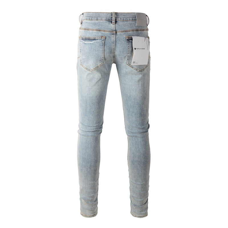 Pantalones vaqueros de diseño europeo Stack para hombre, bordados, acolchados, rotos, estilo vintage, ajustados y con pliegues 9005