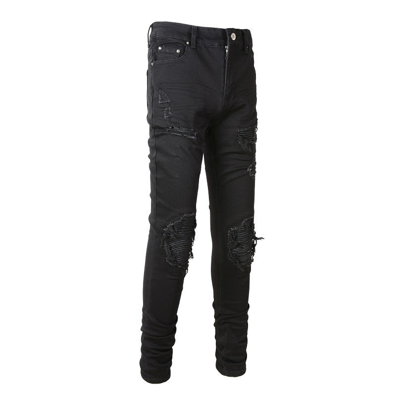 Vaqueros negros ajustados para hombre con detalles arrugados, parches y diseño roto 602