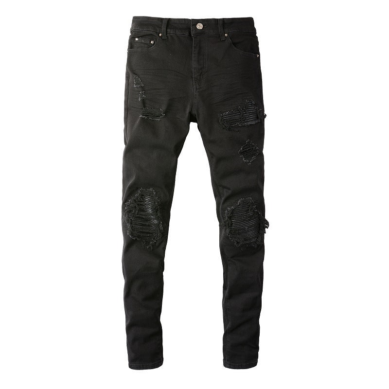 Vaqueros negros ajustados para hombre con detalles arrugados, parches y diseño roto 602