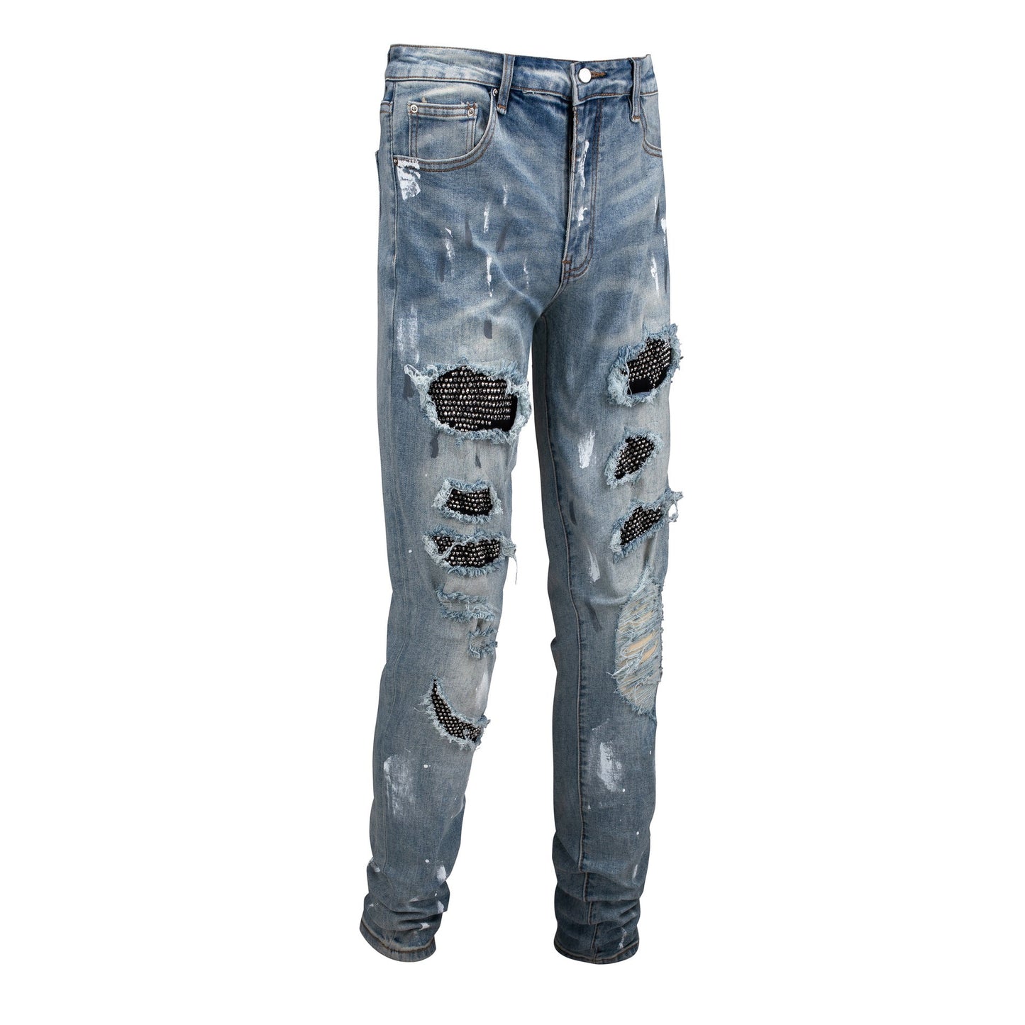 Vaqueros negros ajustados para hombre con diseño de pintura y efecto desgastado de patchwork 6626