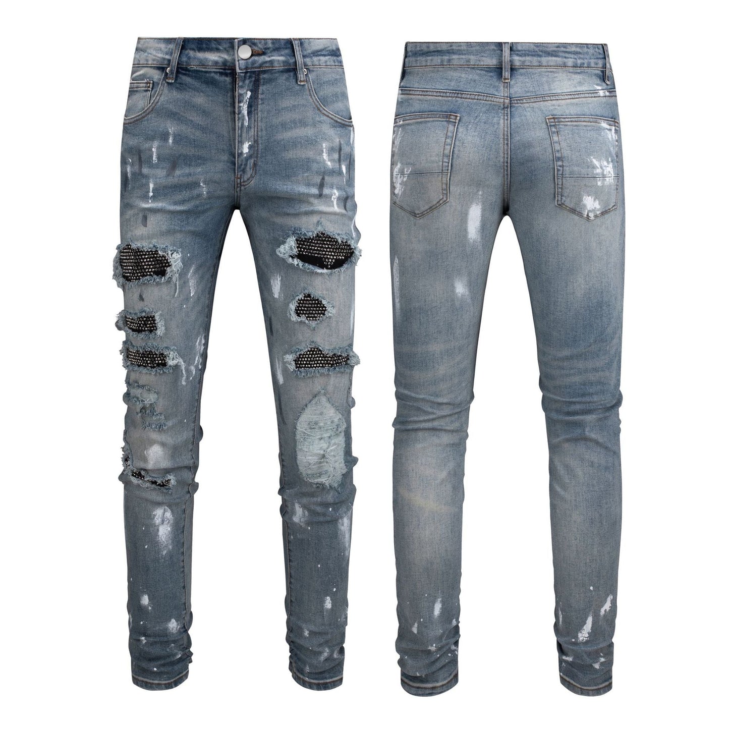 Vaqueros negros ajustados para hombre con diseño de pintura y efecto desgastado de patchwork 6626