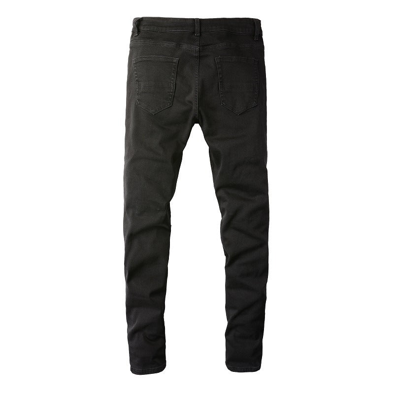 Vaqueros negros ajustados para hombre con detalles arrugados, parches y diseño roto 602
