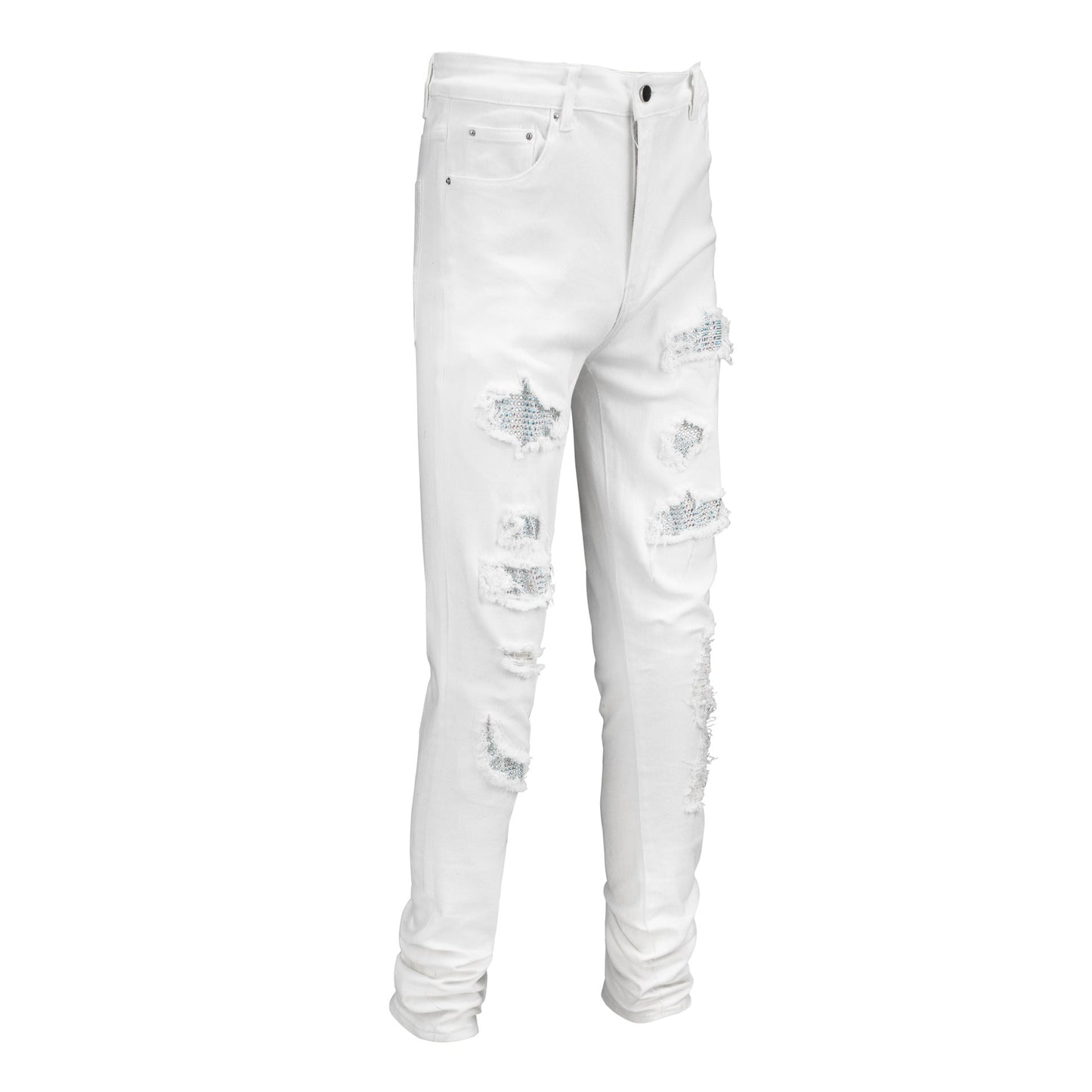 Vaqueros blancos ajustados para hombre con pedrería y parches para estilo urbano 625