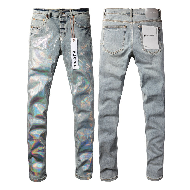 Pantalones vaqueros de diseño europeo Stack para hombre, bordados, acolchados, rotos, estilo vintage, ajustados y con pliegues 9005