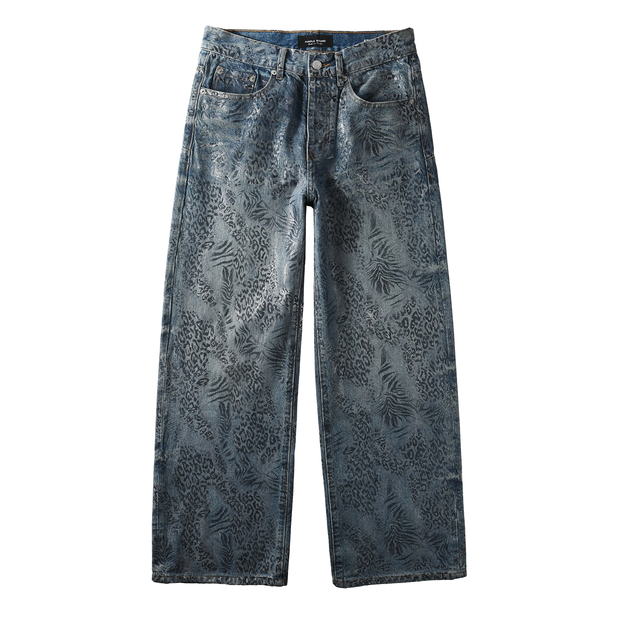 Jean bleu coupe ample style streetwear pour homme, avec délavage unique à motif léopard et feuilles pour un style urbain rétro 100 