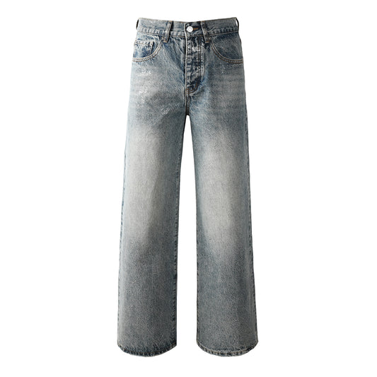 Jean coupe ample délavé pour homme, effet délavé et motif éclaboussures de peinture blanc clair. 101 