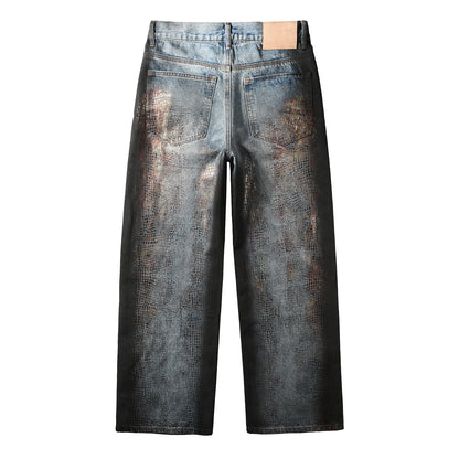 Vaqueros de pierna ancha azul claro para hombre con efecto de piel de cocodrilo sintética y lavado vintage. Estilo urbano 102. 