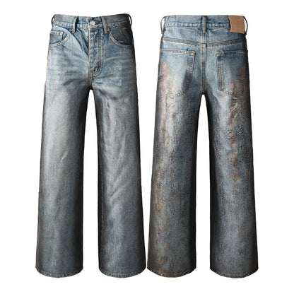 Vaqueros de pierna ancha azul claro para hombre con efecto de piel de cocodrilo sintética y lavado vintage. Estilo urbano 102. 