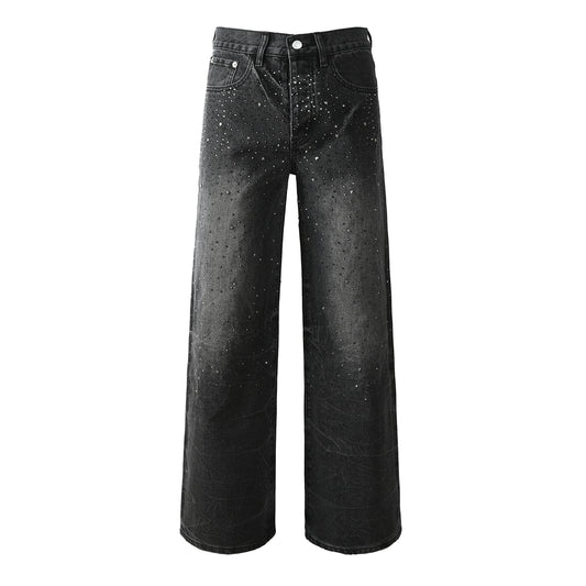 Jean streetwear oversize pour homme, noir vintage, avec détails pailletés sur toute la longueur et style urbain luxueux 105 