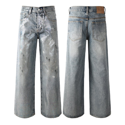 Jean ample tendance pour homme en denim bleu clair avec brillance holographique et base vintage délavée 108 
