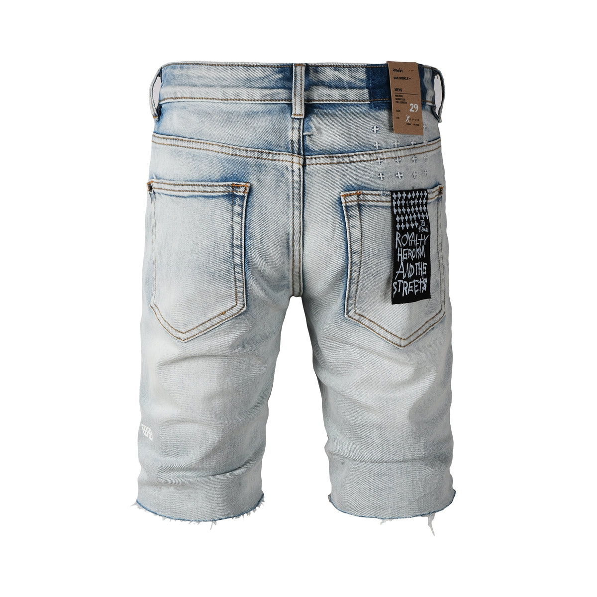 Pantalones cortos vaqueros de estilo urbano para hombre, lavados en azul claro con dobladillo sin rematar y parche gráfico en el bolsillo trasero, 2001 