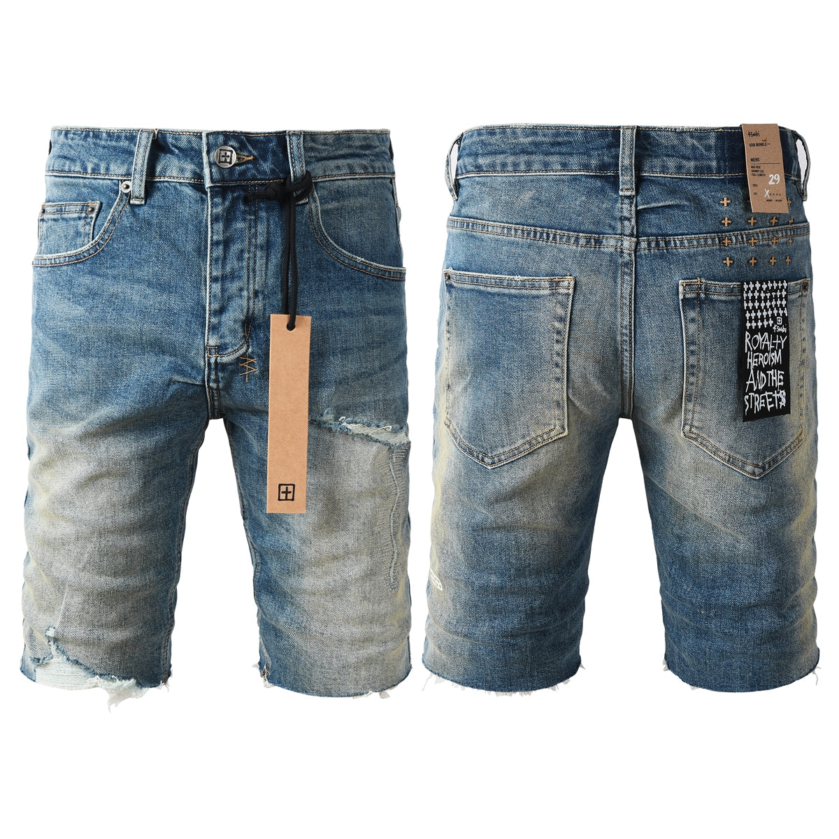 Pantalones cortos vaqueros de estilo urbano para hombre, lavados en azul con detalle roto, dobladillo sin rematar y parche gráfico (2002) 