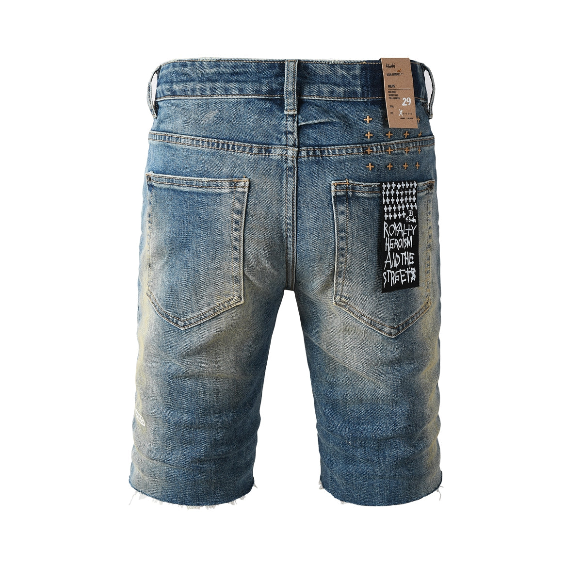 Pantalones cortos vaqueros de estilo urbano para hombre, lavados en azul con detalle roto, dobladillo sin rematar y parche gráfico (2002) 