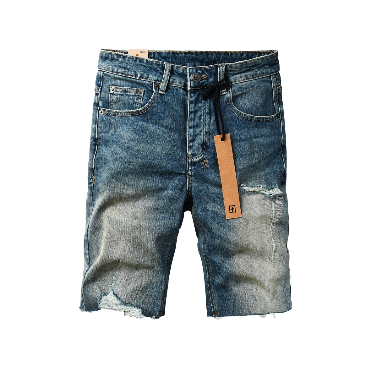 Pantalones cortos vaqueros de estilo urbano para hombre, lavados en azul con detalle roto, dobladillo sin rematar y parche gráfico (2002) 