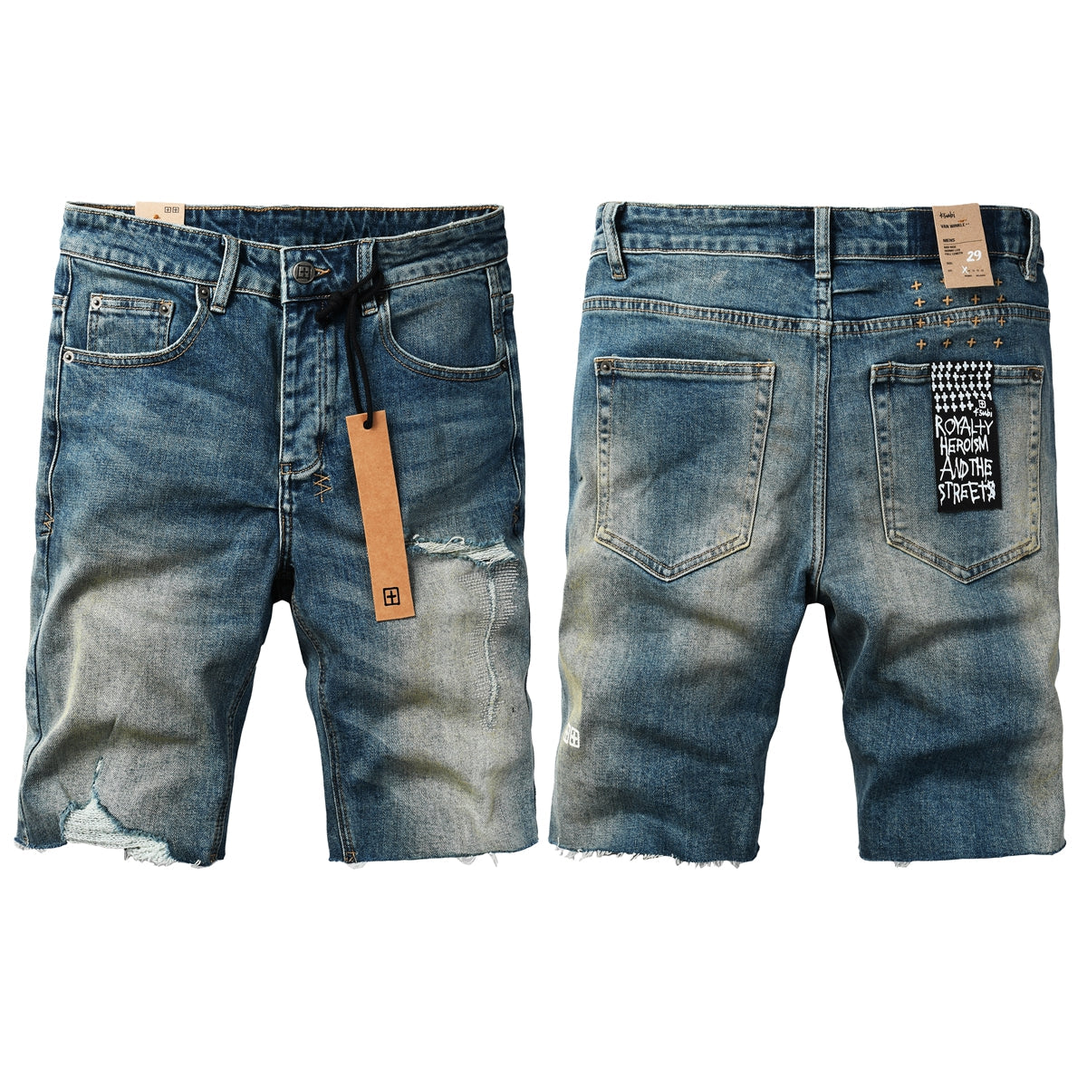 Pantalones cortos vaqueros de estilo urbano para hombre, lavados en azul con detalle roto, dobladillo sin rematar y parche gráfico (2002) 