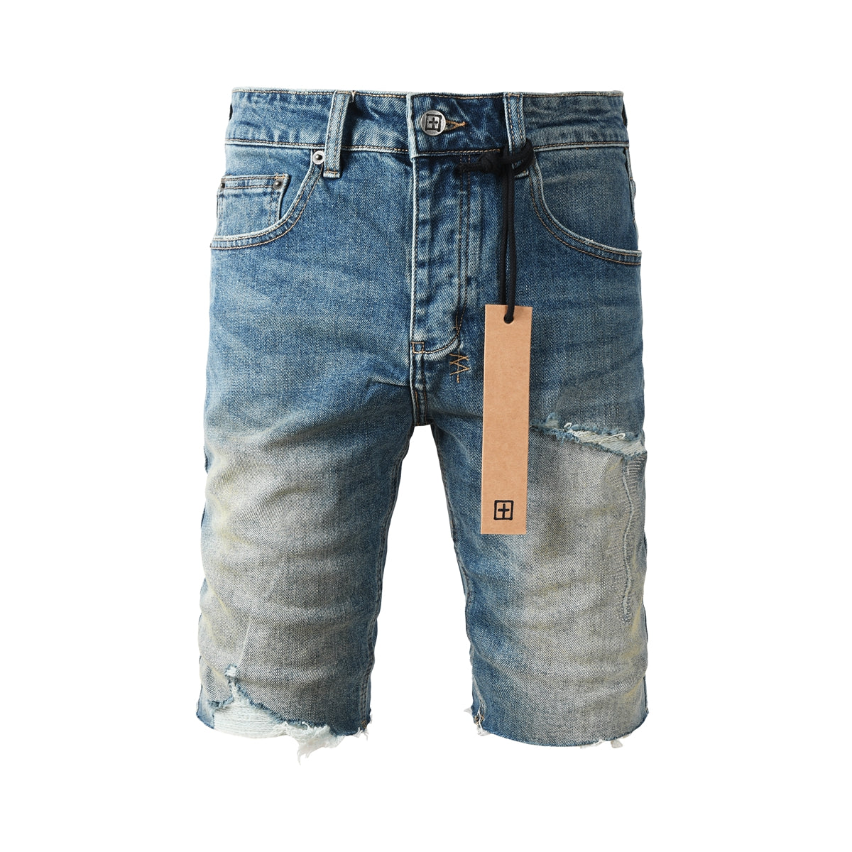 Pantalones cortos vaqueros de estilo urbano para hombre, lavados en azul con detalle roto, dobladillo sin rematar y parche gráfico (2002) 
