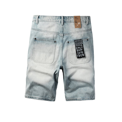 Shorts vaqueros de estilo urbano para hombre, azul claro lavado, con parche gráfico y corte holgado, 2005 