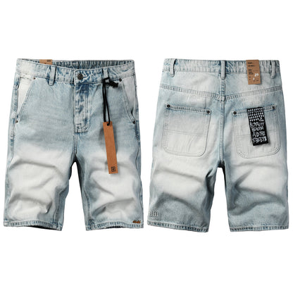 Shorts vaqueros de estilo urbano para hombre, azul claro lavado, con parche gráfico y corte holgado, 2005 