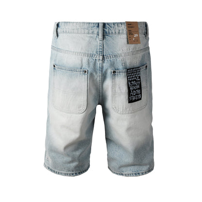 Shorts vaqueros de estilo urbano para hombre, azul claro lavado, con parche gráfico y corte holgado, 2005 