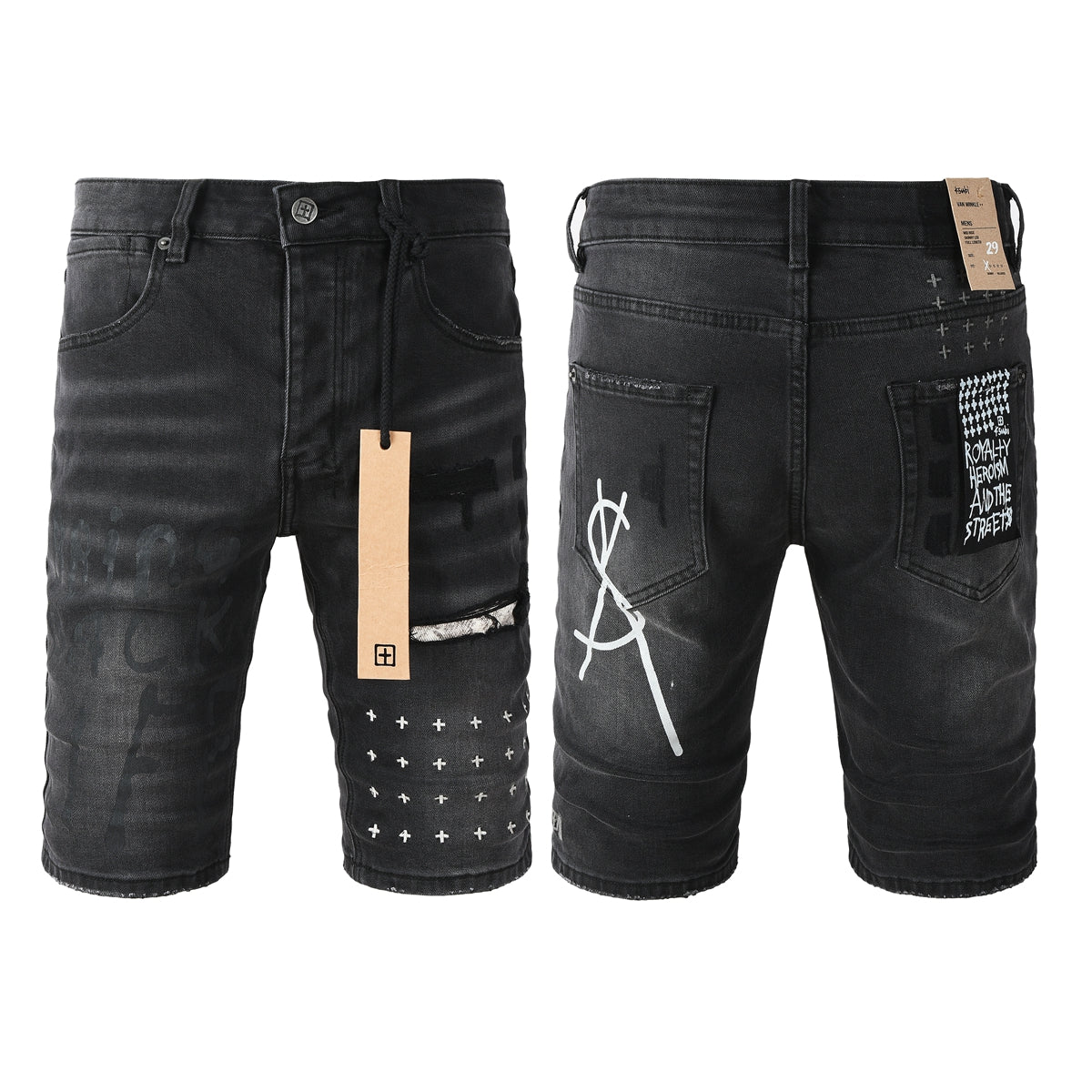 Pantalones cortos vaqueros negros lavados con estampado de grafiti, rodillas desgastadas y parche gráfico para hombre (2006) 