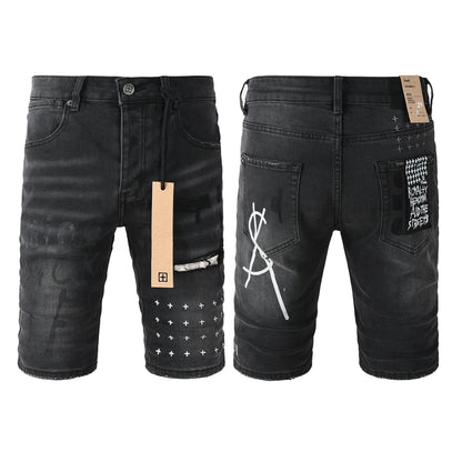 Pantalones cortos vaqueros negros lavados con estampado de grafiti, rodillas desgastadas y parche gráfico para hombre (2006) 